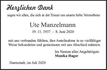 Traueranzeige von Ute Manzelmann von vrm-trauer