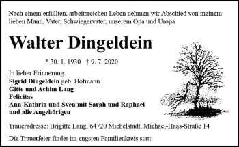 Traueranzeige von Walter Dingeldein von vrm-trauer