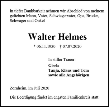 Traueranzeige von Walter Helmes von vrm-trauer