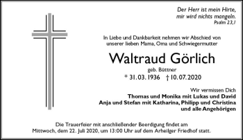 Traueranzeige von Waltraud Görlich von vrm-trauer