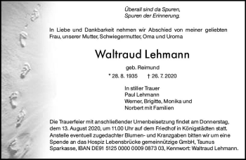 Traueranzeige von Waltraud Lehmann von vrm-trauer