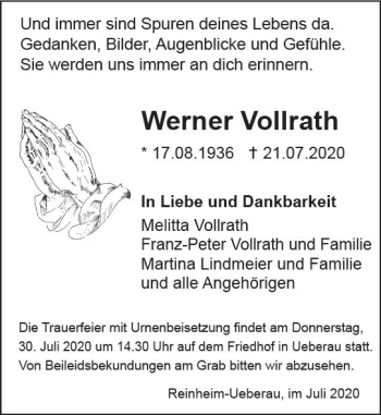 Traueranzeige von Werner Vollrath von vrm-trauer