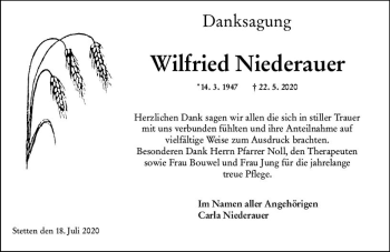 Traueranzeige von Wilfried Niederauer von vrm-trauer