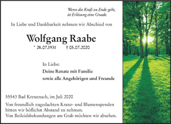 Traueranzeige von Wolfgang Raabe von vrm-trauer