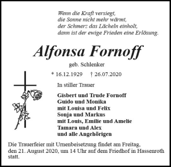 Traueranzeige von Alfonsa Fornoff von vrm-trauer