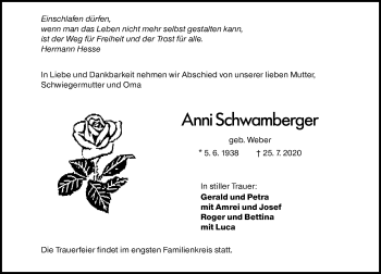 Traueranzeige von Anni Schwamberger von vrm-trauer