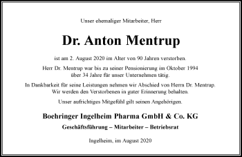 Traueranzeige von Anton Mentrup von vrm-trauer