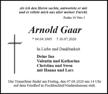 Traueranzeige von Arnold Gaar von vrm-trauer