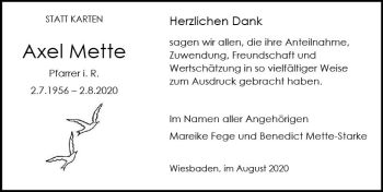 Traueranzeige von Axel Mette von vrm-trauer