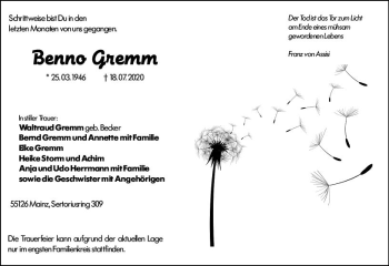 Traueranzeige von Benno Gremm von vrm-trauer