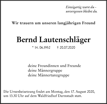 Traueranzeige von Bernd Lautenschläger von vrm-trauer Traueranzeige von Bernd Lautenschläger von vrm-trauer