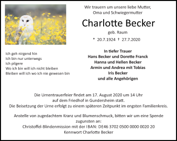 Traueranzeige von Charlotte Becker von vrm-trauer