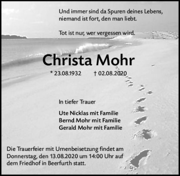 Traueranzeige von Christa Mohr von vrm-trauer