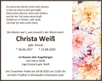 Traueranzeige von Christa Weiß von vrm-trauer