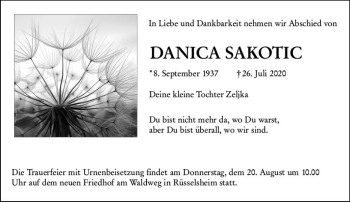 Traueranzeige von Danica Sakotic von vrm-trauer