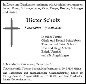 Traueranzeige von Dieter Scholz von vrm-trauer