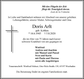 Traueranzeige von Doris Arlt von vrm-trauer