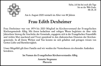 Traueranzeige von Edith Dexheimer von vrm-trauer