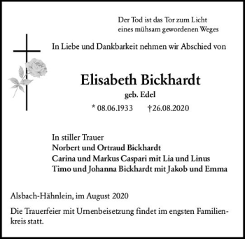 Traueranzeige von Elisabeth Bickhardt von vrm-trauer