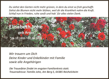 Traueranzeige von Elisabeth Johe von vrm-trauer