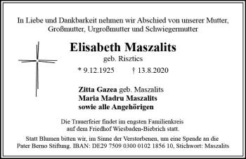 Traueranzeige von Elisabeth Maszalits von vrm-trauer