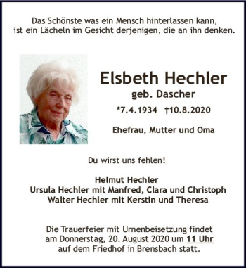 Traueranzeige von Elsbeth Hechler von vrm-trauer