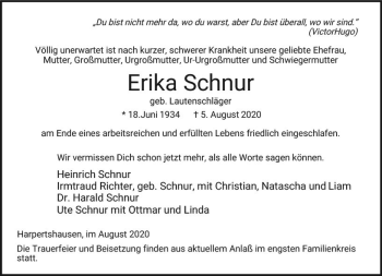 Traueranzeige von Erika Schnur von vrm-trauer