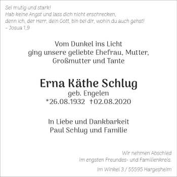 Traueranzeige von Erna Käthe Schlug von vrm-trauer