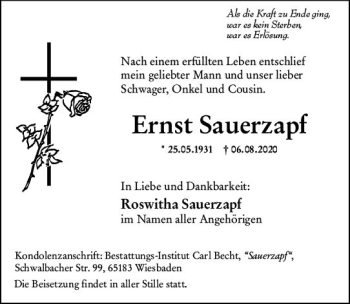 Traueranzeige von Ernst Sauerzapf von vrm-trauer