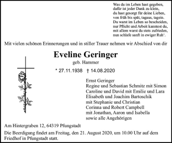 Traueranzeige von Eveline Geringer von vrm-trauer