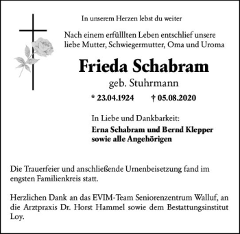 Traueranzeige von Frieda Schabram von vrm-trauer