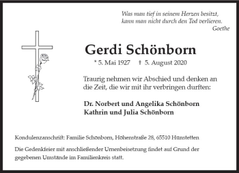 Traueranzeige von Gerdi Schönborn von vrm-trauer