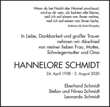 Traueranzeige von Hannelore Schmidt von vrm-trauer