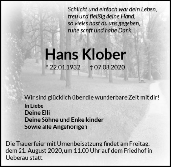 Traueranzeige von Hans Klober von vrm-trauer