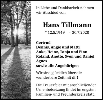 Traueranzeige von Hans Tillmann von vrm-trauer