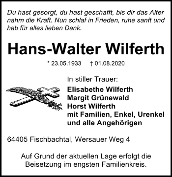 Traueranzeige von Hans-Walter Wilferth von vrm-trauer