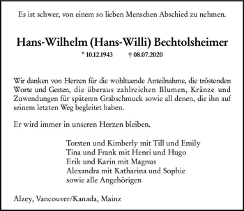 Traueranzeige von Hans-Wilhelm Bechtolsheimer von vrm-trauer