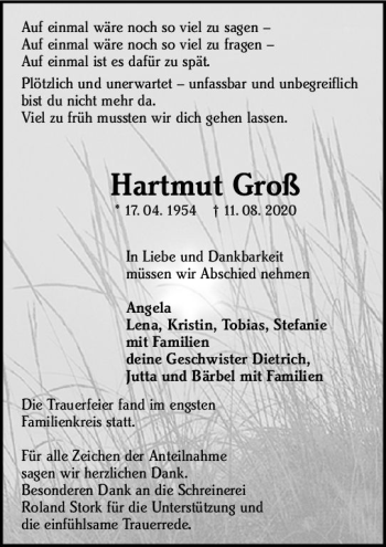 Traueranzeige von Hartmut Groß von vrm-trauer