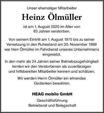 Traueranzeige von Heinz Ölmüller von vrm-trauer