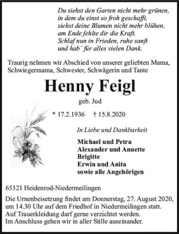 Traueranzeige von Henny Feigl von vrm-trauer