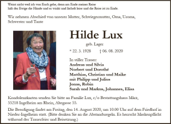 Traueranzeige von Hilde Lux von vrm-trauer