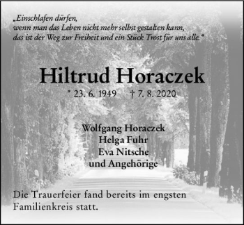 Traueranzeige von Hiltrud Horaczek von vrm-trauer