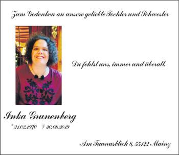 Traueranzeige von Inka Grunenberg von vrm-trauer