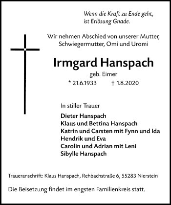 Traueranzeige von Irmgard Hanspach von vrm-trauer