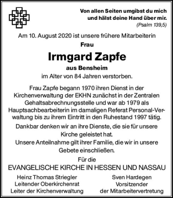 Traueranzeige von Irmgard Zapfe von vrm-trauer