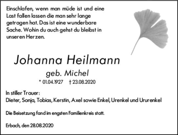 Traueranzeige von Johanna Heilmann von vrm-trauer