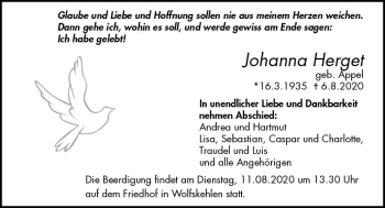 Traueranzeige von Johanna Herget von vrm-trauer