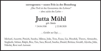 Traueranzeige von Jutta Mühl von vrm-trauer