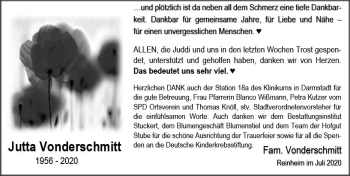 Traueranzeige von Jutta Vonderschmitt von vrm-trauer