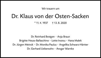 Traueranzeige von Klaus von der Osten-Sacken von vrm-trauer